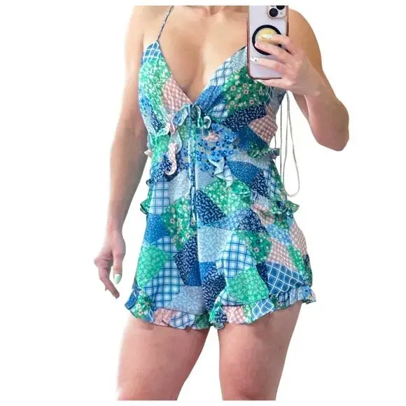 NWT For Love & Lemons Juniper Patchwork Romper XS - Picture 2 of 6